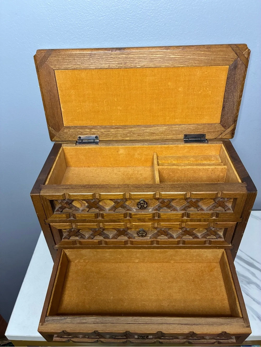 Farrington Japan Wooden Jewelry Box Chest 3 Drawer Carved Lattice Vintag